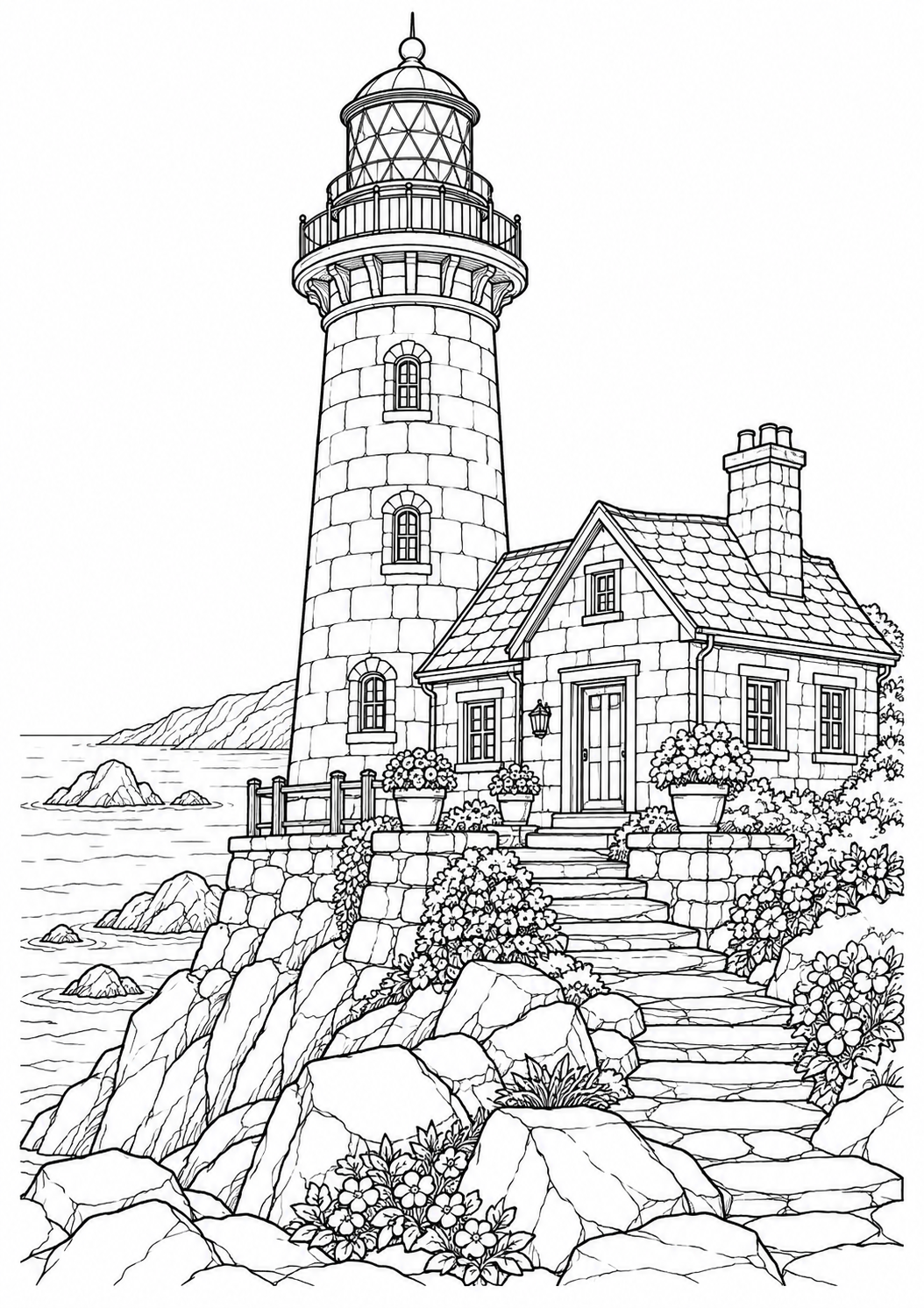 Leuchtturm an der Felsküste: Ein Leuchtturm mit Wärterhaus an einer felsigen Küste. Schwarze Konturen auf weißem Hintergrund zum Ausmalen.