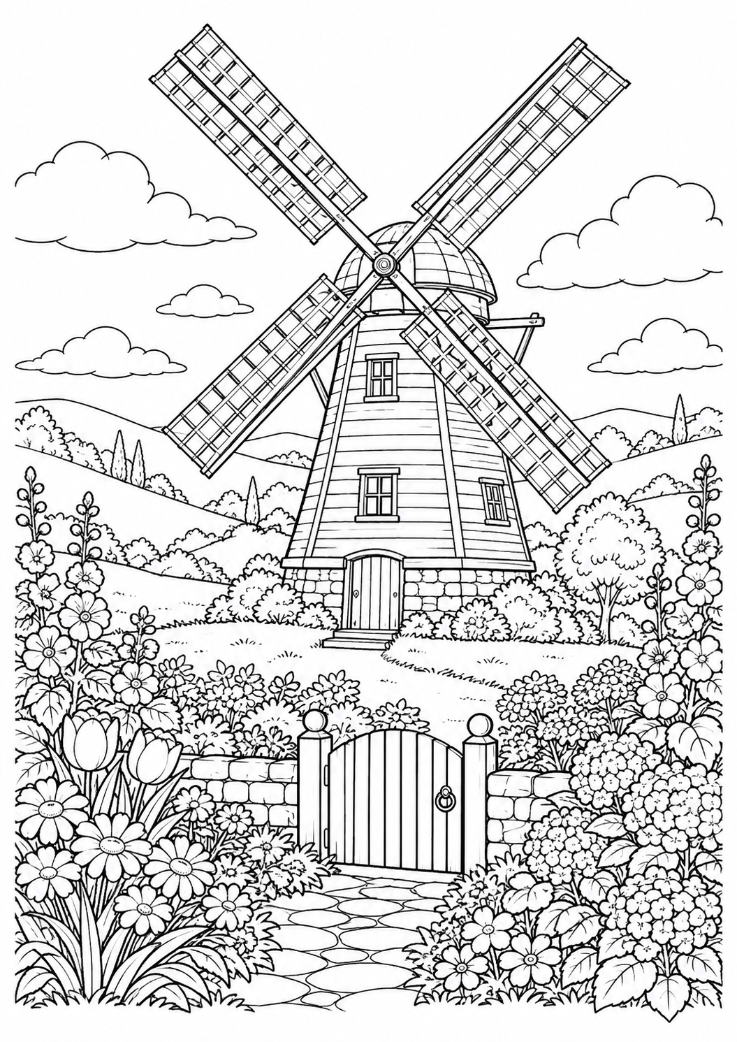 Windmühle im Blumengarten: Eine Windmühle zwischen Blumenbeeten und sanften Hügeln. Schwarze Konturen auf weißem Hintergrund zum Ausmalen.
