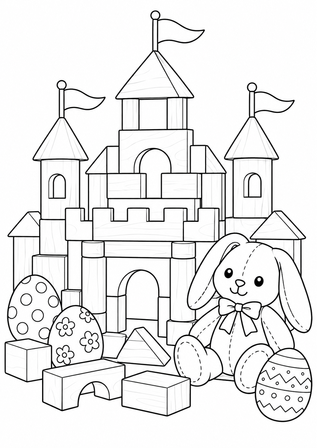 Bauklotz-Schloss zu Ostern: Ein Schloss aus Bauklötzen mit Ostereiern und einem Spielzeughasen. Schwarze Konturen auf weißem Hintergrund zum Ausmalen.