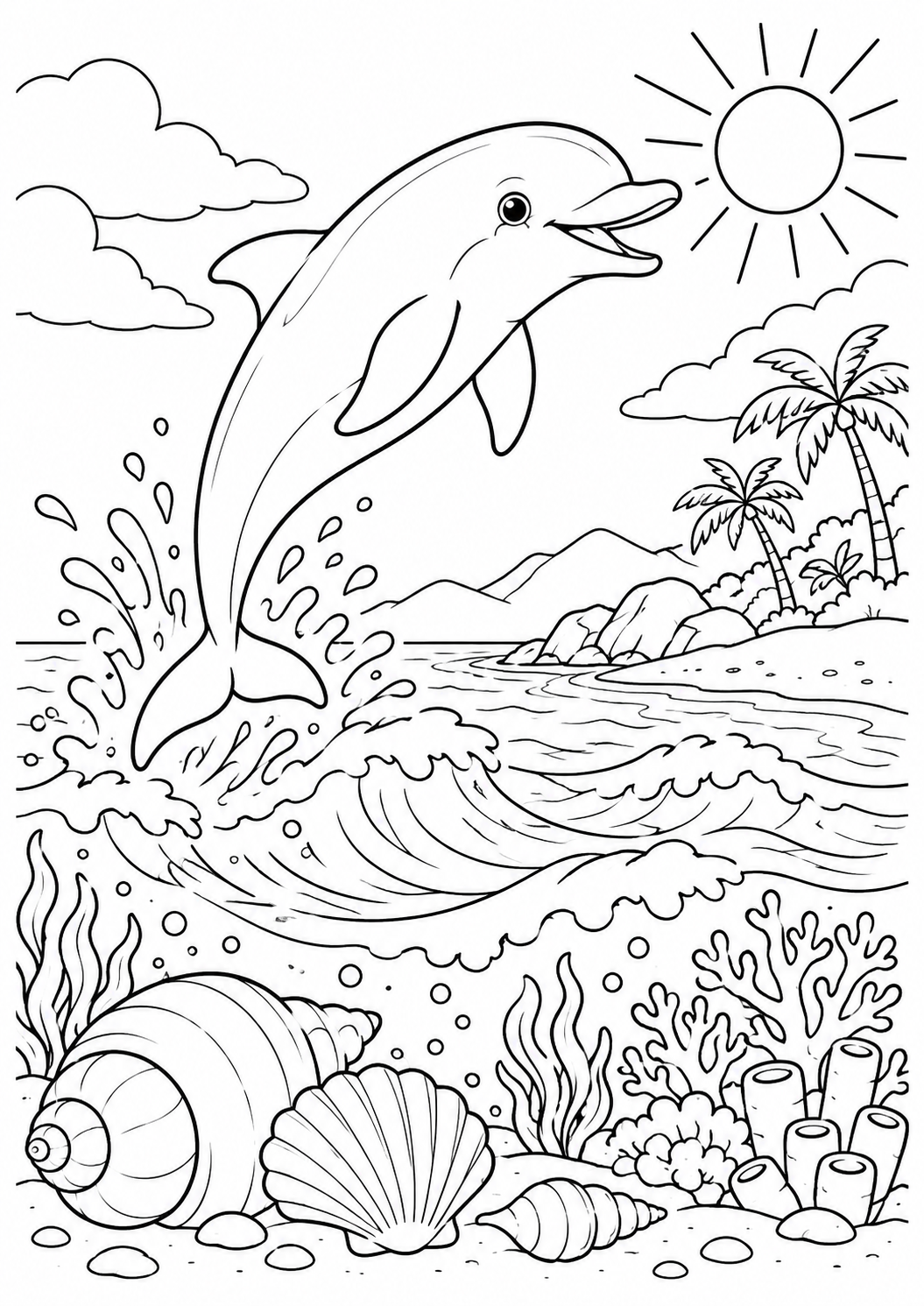 Delfin in Sommerwellen: Ein Delfin springt über Wellen an einer sommerlichen Küste. Schwarze Konturen auf weißem Hintergrund zum Ausmalen.