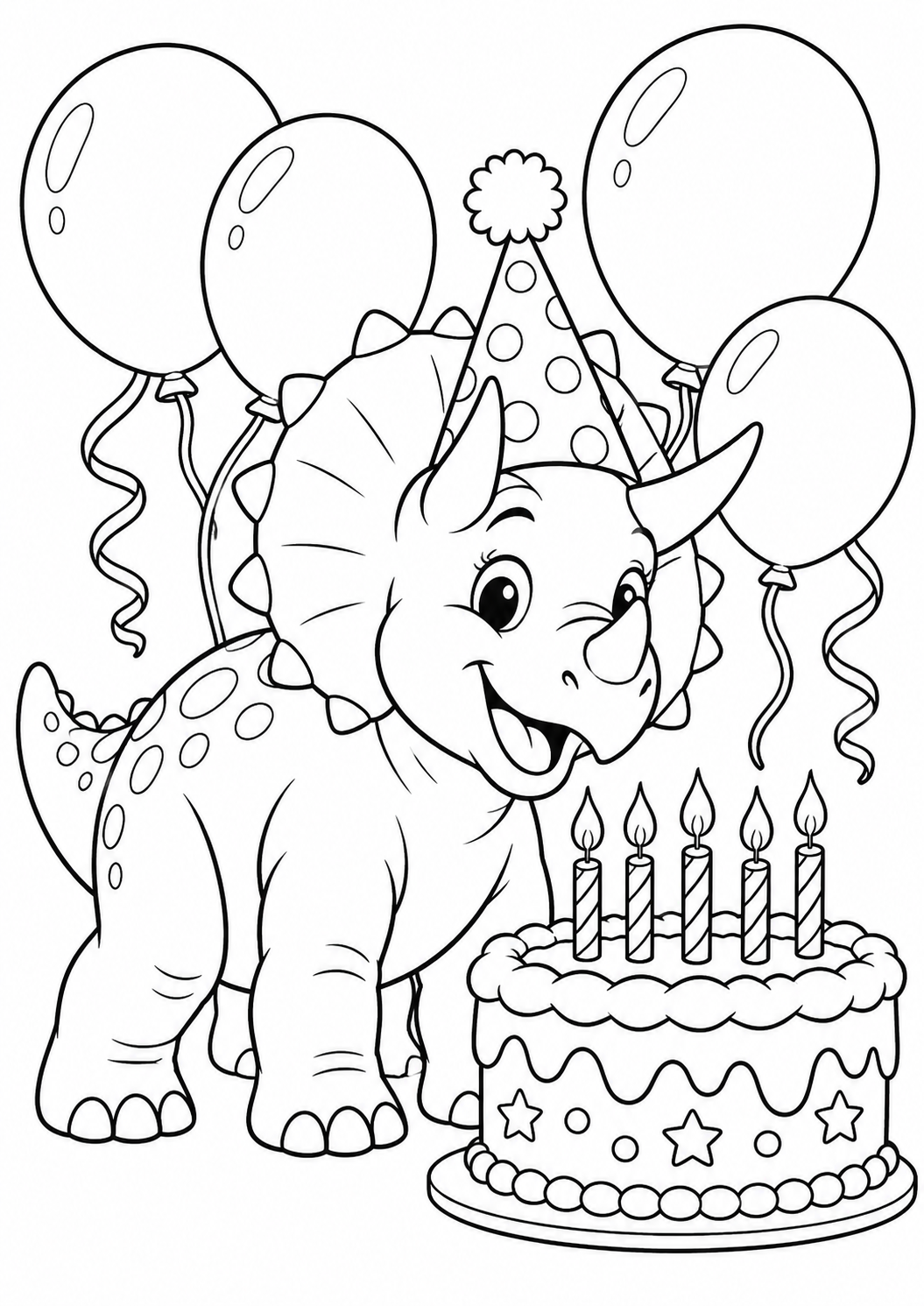 Dino feiert Geburtstag: Ein Triceratops feiert mit Torte, Partyhut und großen Ballons. Schwarze Konturen auf weißem Hintergrund zum Ausmalen.
