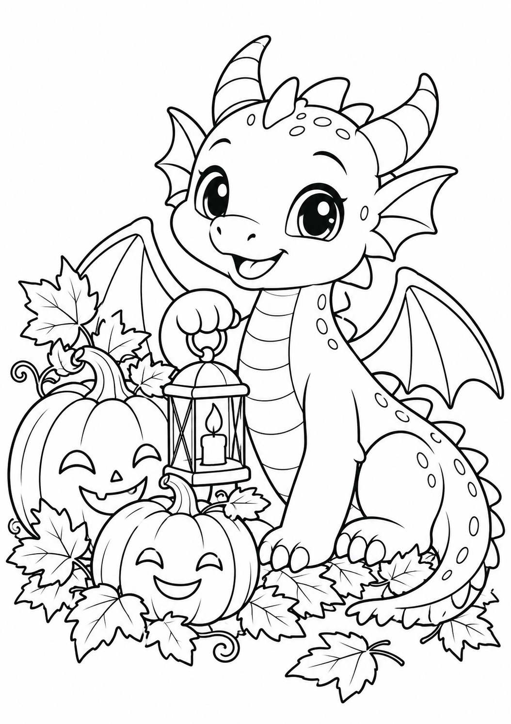 Drache beim Kürbisfest: Ein freundlicher Drache zwischen geschnitzten Kürbissen und Herbstblättern. Schwarze Konturen auf weißem Hintergrund zum Ausmalen.