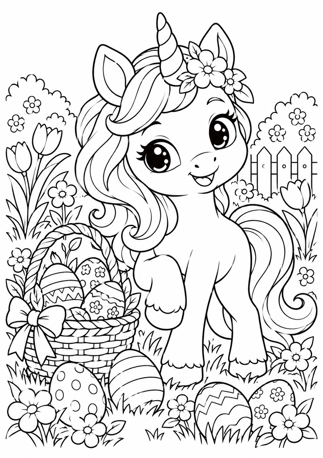 Einhorn im Ostergarten: Ein niedliches Einhorn entdeckt Ostereier zwischen Frühlingsblumen. Schwarze Konturen auf weißem Hintergrund zum Ausmalen.