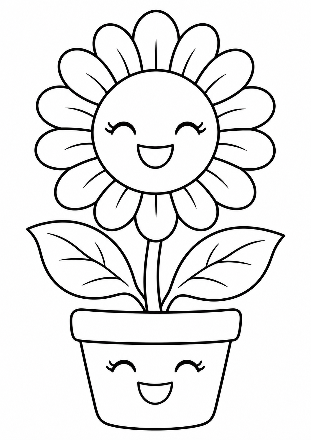 Kawaii-Blumentopf: Ein lächelnder Blumentopf mit einer großen Sonnenblume. Schwarze Konturen auf weißem Hintergrund zum Ausmalen.