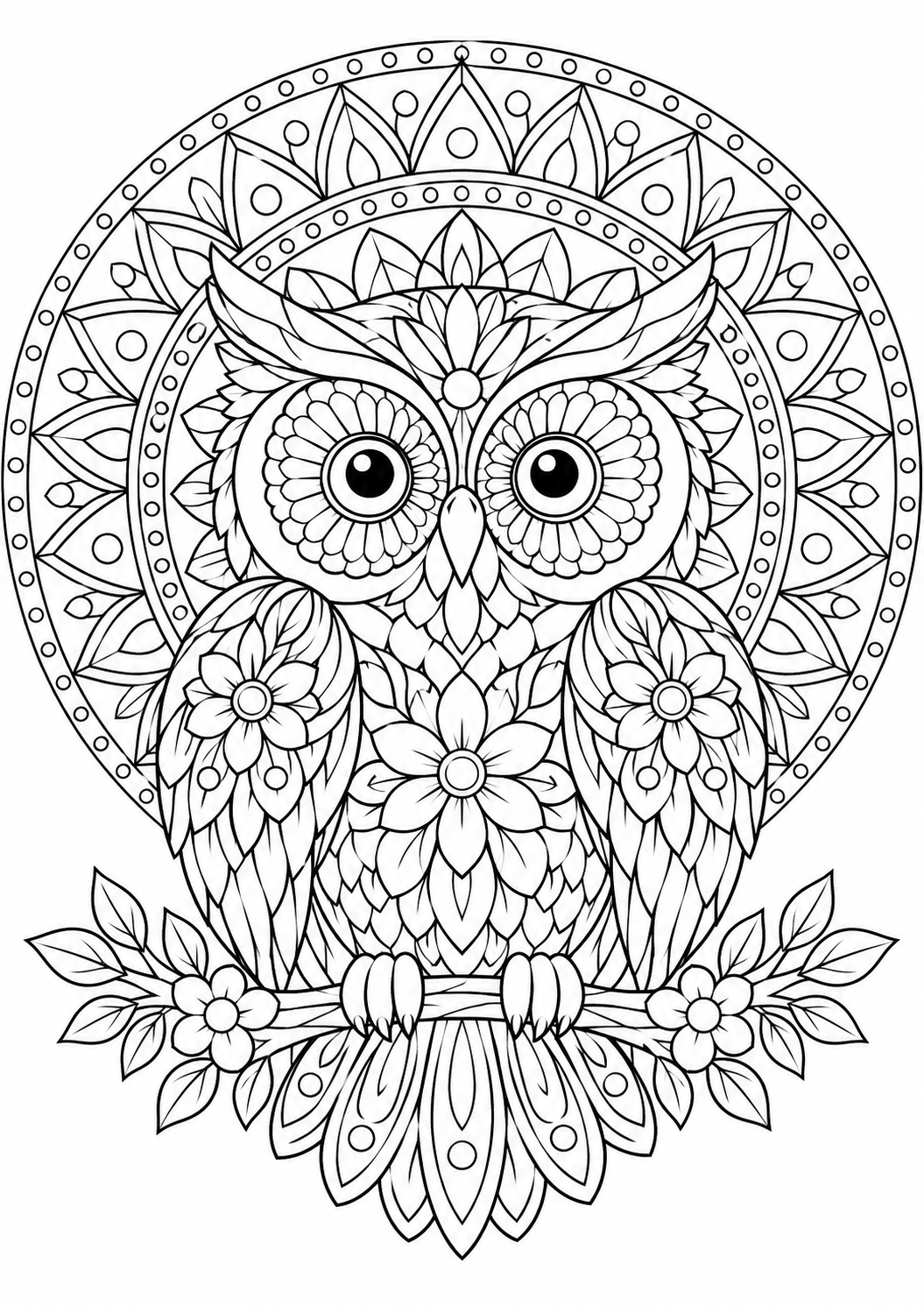 Eulenmandala: Eine Eule mit gemusterten Federn in einem Kreis aus Blüten und geometrischen Formen. Schwarze Konturen auf weißem Hintergrund zum Ausmalen.