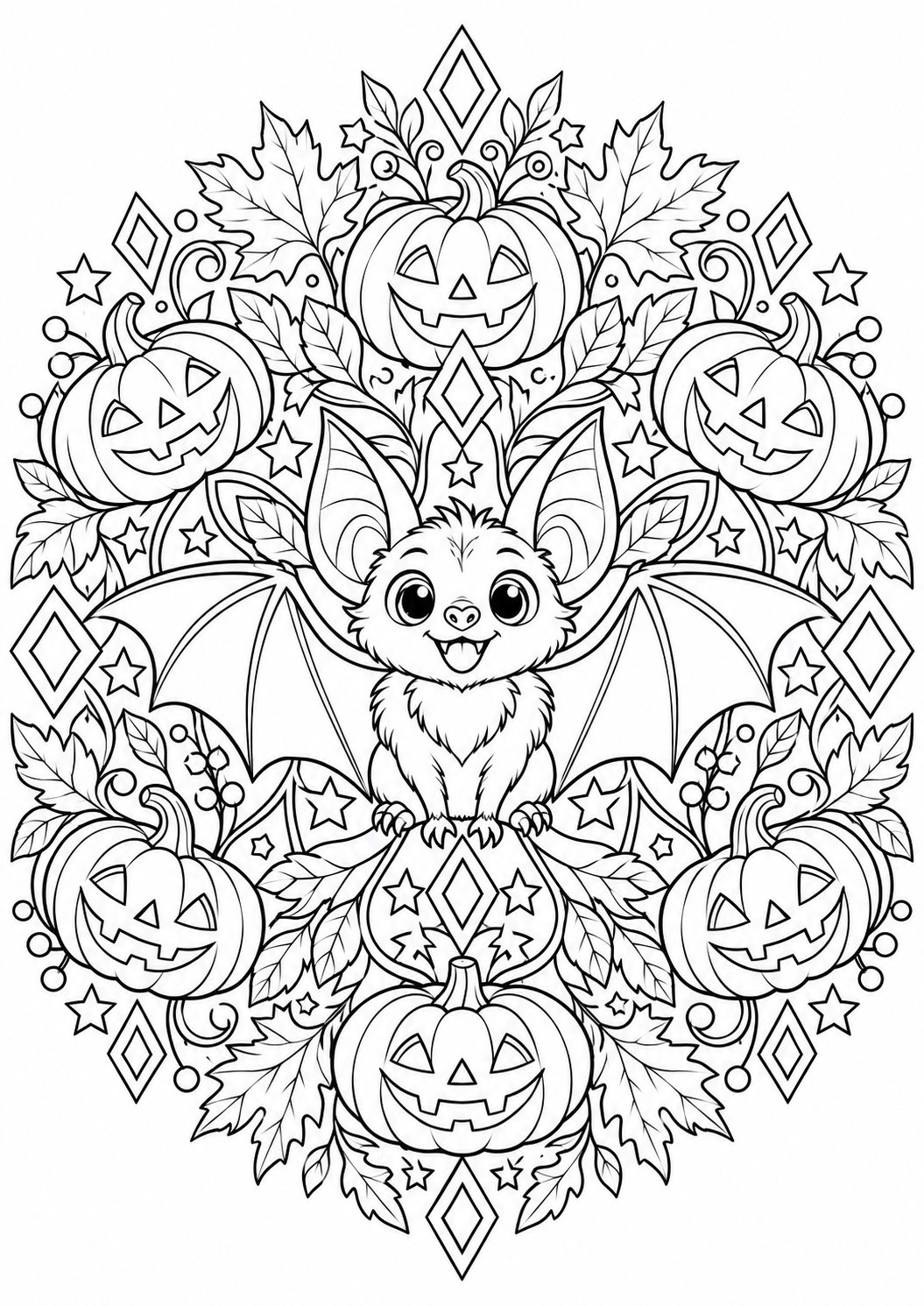 Halloween-Fledermausmandala: Eine freundliche Fledermaus zwischen Kürbissen, Blättern und Sternen. Schwarze Konturen auf weißem Hintergrund zum Ausmalen.