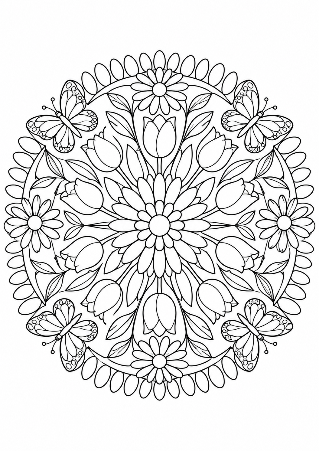 Frühlingsblüten-Mandala: Tulpen, Gänseblümchen und Schmetterlinge in einem Blütenmandala. Schwarze Konturen auf weißem Hintergrund zum Ausmalen.