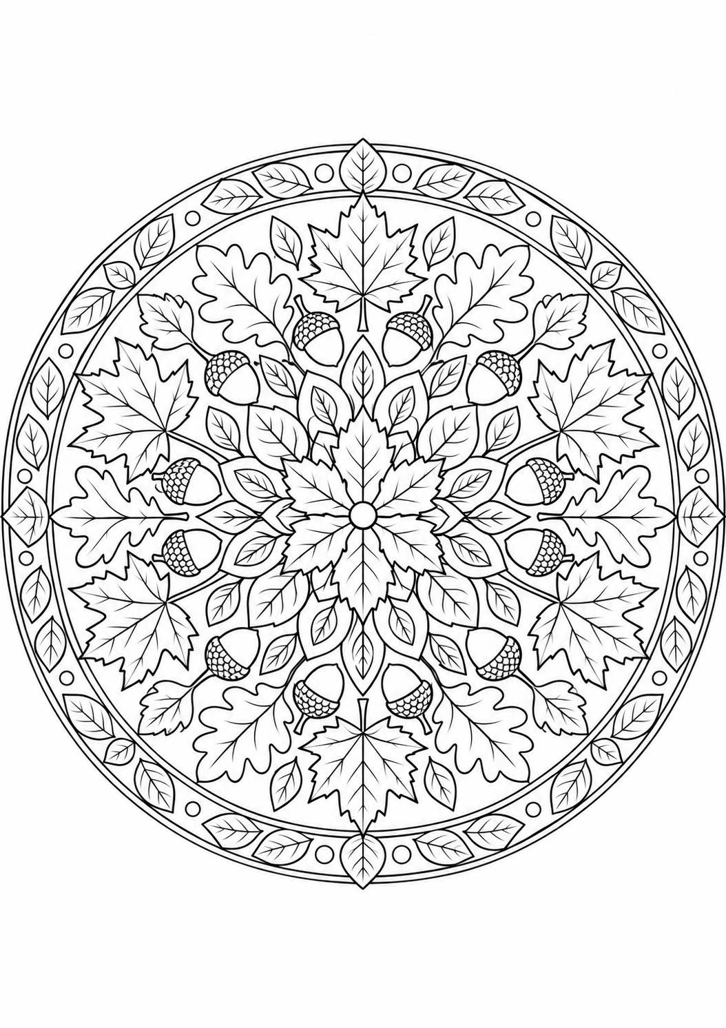 Herbstlaub-Mandala: Herbstblätter und Eicheln ordnen sich zu einem Mandala. Schwarze Konturen auf weißem Hintergrund zum Ausmalen.