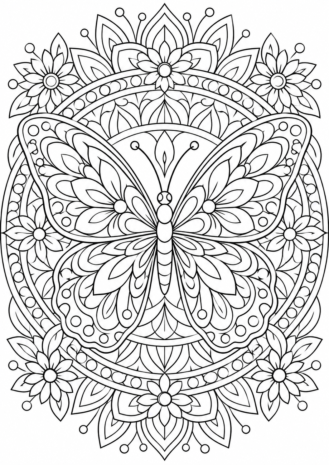 Schmetterlingsmandala: Ein Schmetterling mit Blütenmustern und kreisförmigen Ornamenten. Schwarze Konturen auf weißem Hintergrund zum Ausmalen.