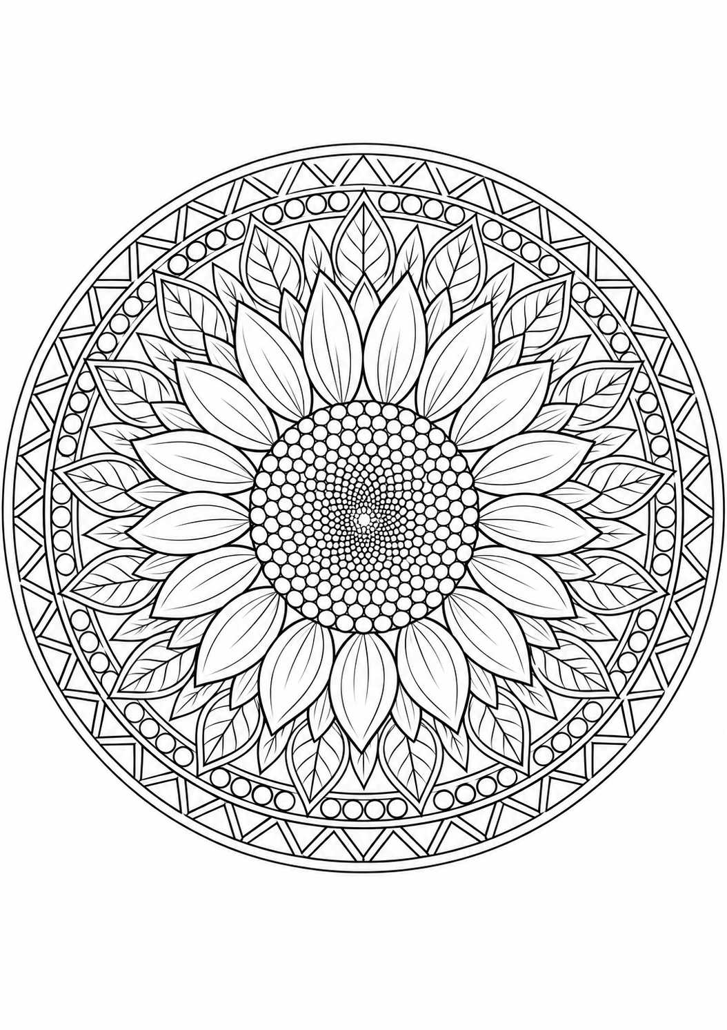Sonnenblumen-Mandala: Sonnenblumen und Blätter in einem kreisförmigen Mandala. Schwarze Konturen auf weißem Hintergrund zum Ausmalen.
