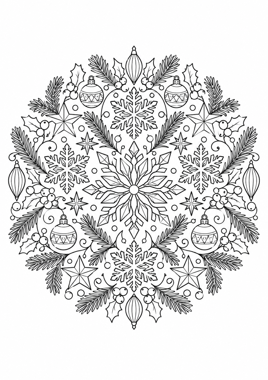 Winterstern-Mandala: Schneeflocken, Sterne und Tannenzweige für die Winterzeit. Schwarze Konturen auf weißem Hintergrund zum Ausmalen.