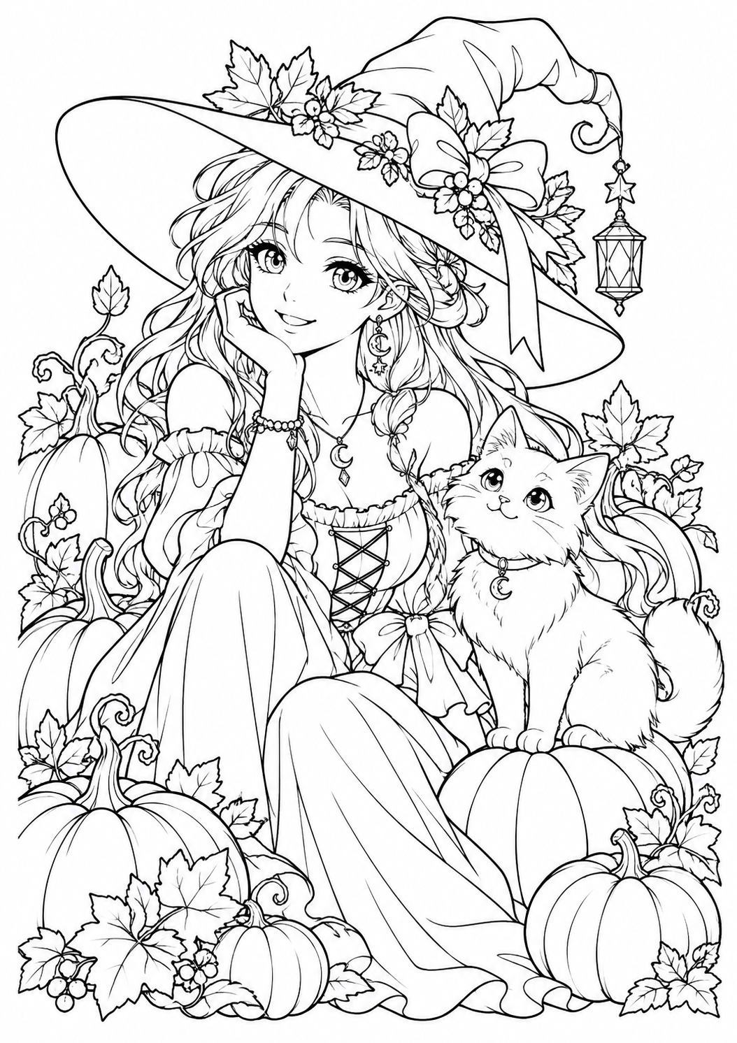 Manga-Halloween-Hexe: Eine freundliche Hexe mit Katze, Kürbissen und einem geschmückten Hut. Schwarze Konturen auf weißem Hintergrund zum Ausmalen.