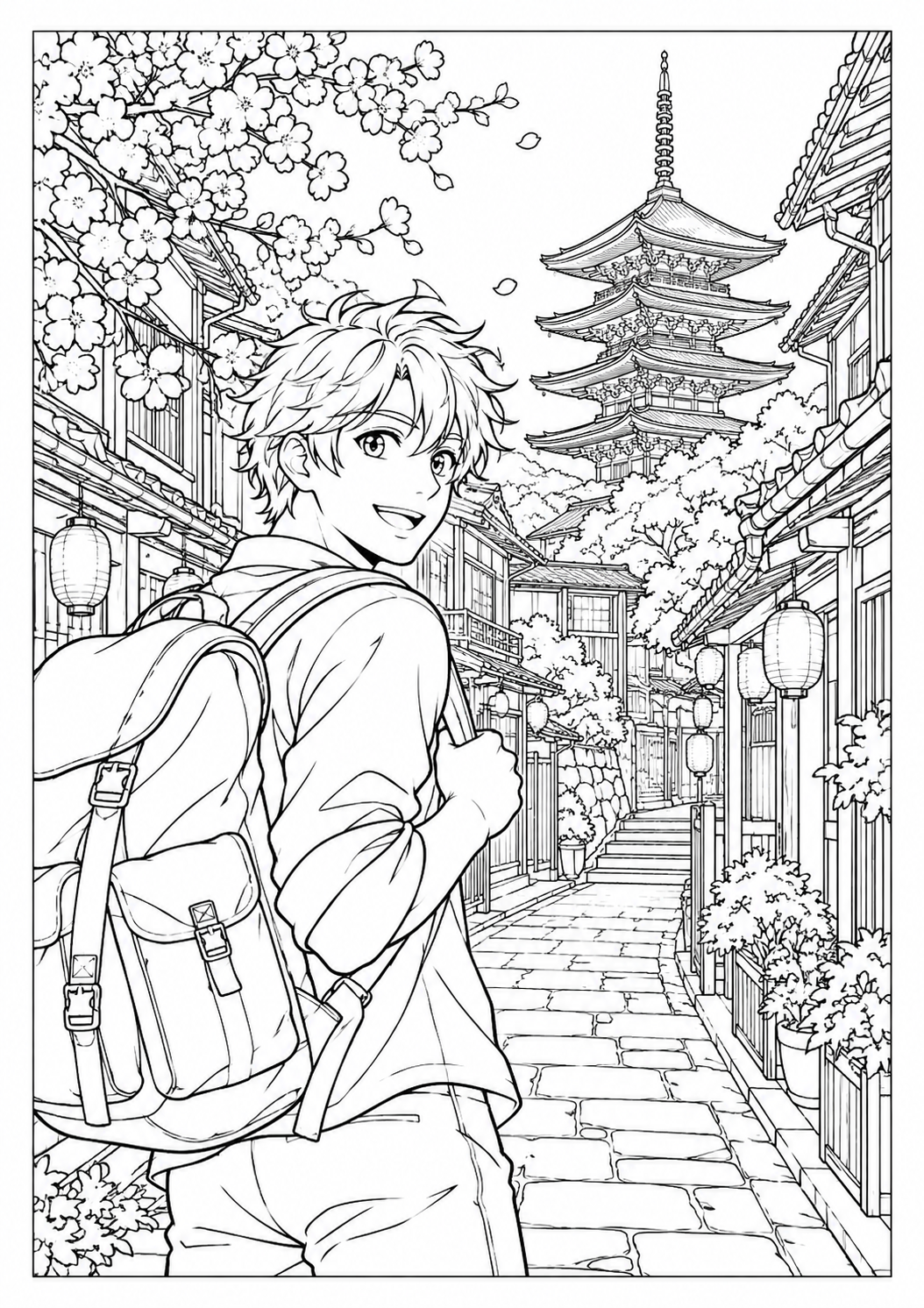Manga-Stadtentdecker: Ein Stadtentdecker zwischen traditionellen Häusern und blühenden Bäumen. Schwarze Konturen auf weißem Hintergrund zum Ausmalen.