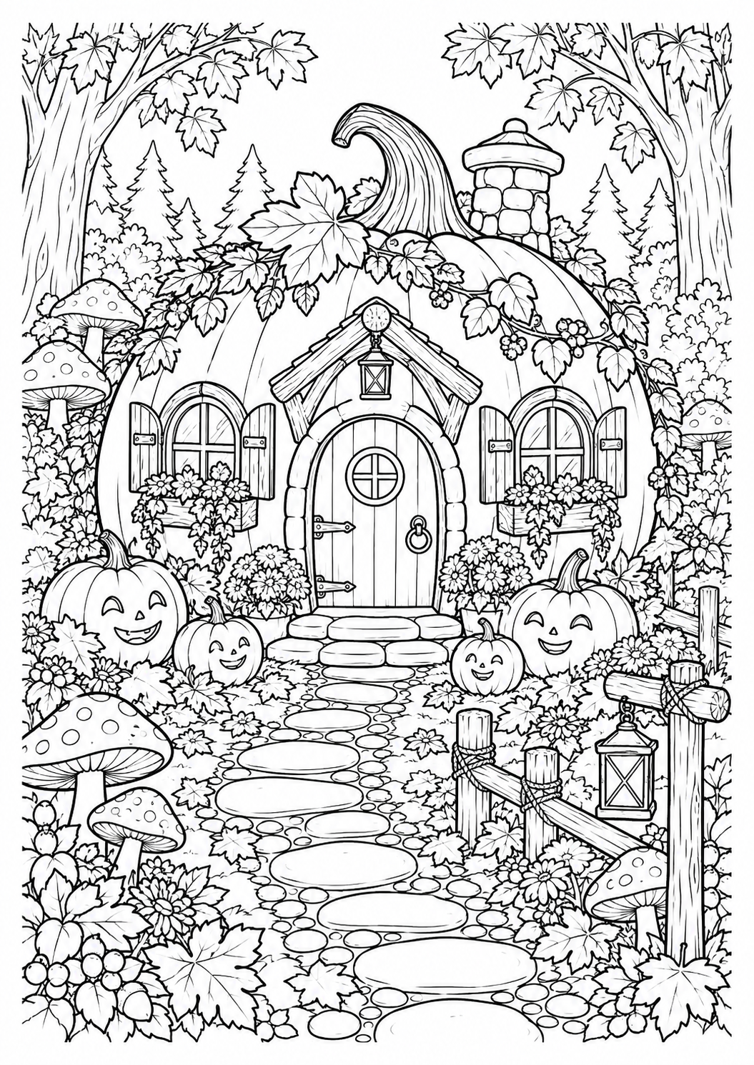 Kürbishaus im Herbstwald: Ein fantasievolles Kürbishaus zwischen Pilzen und bunten Herbstblättern. Schwarze Konturen auf weißem Hintergrund zum Ausmalen.