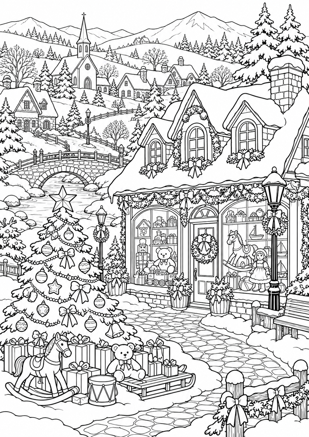 Winterdorf mit Geschenkeladen: Ein verschneites Dorf mit Geschenkeladen, Spielzeug und Weihnachtsbaum. Schwarze Konturen auf weißem Hintergrund zum Ausmalen.