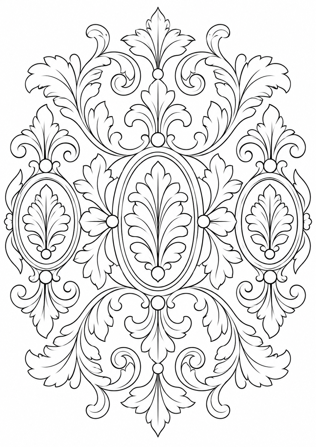 Blätter-Ornament: Stilisierte Blätter und geschwungene Ranken bilden ein botanisches Ornament. Schwarze Konturen auf weißem Hintergrund zum Ausmalen.