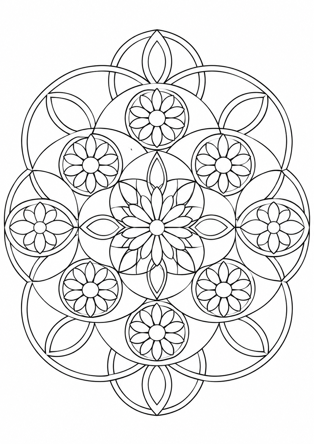 Kreisblüten-Muster: Wiederkehrende Kreise und kleine Rosetten bilden ein abstraktes Blütenmuster. Schwarze Konturen auf weißem Hintergrund zum Ausmalen.