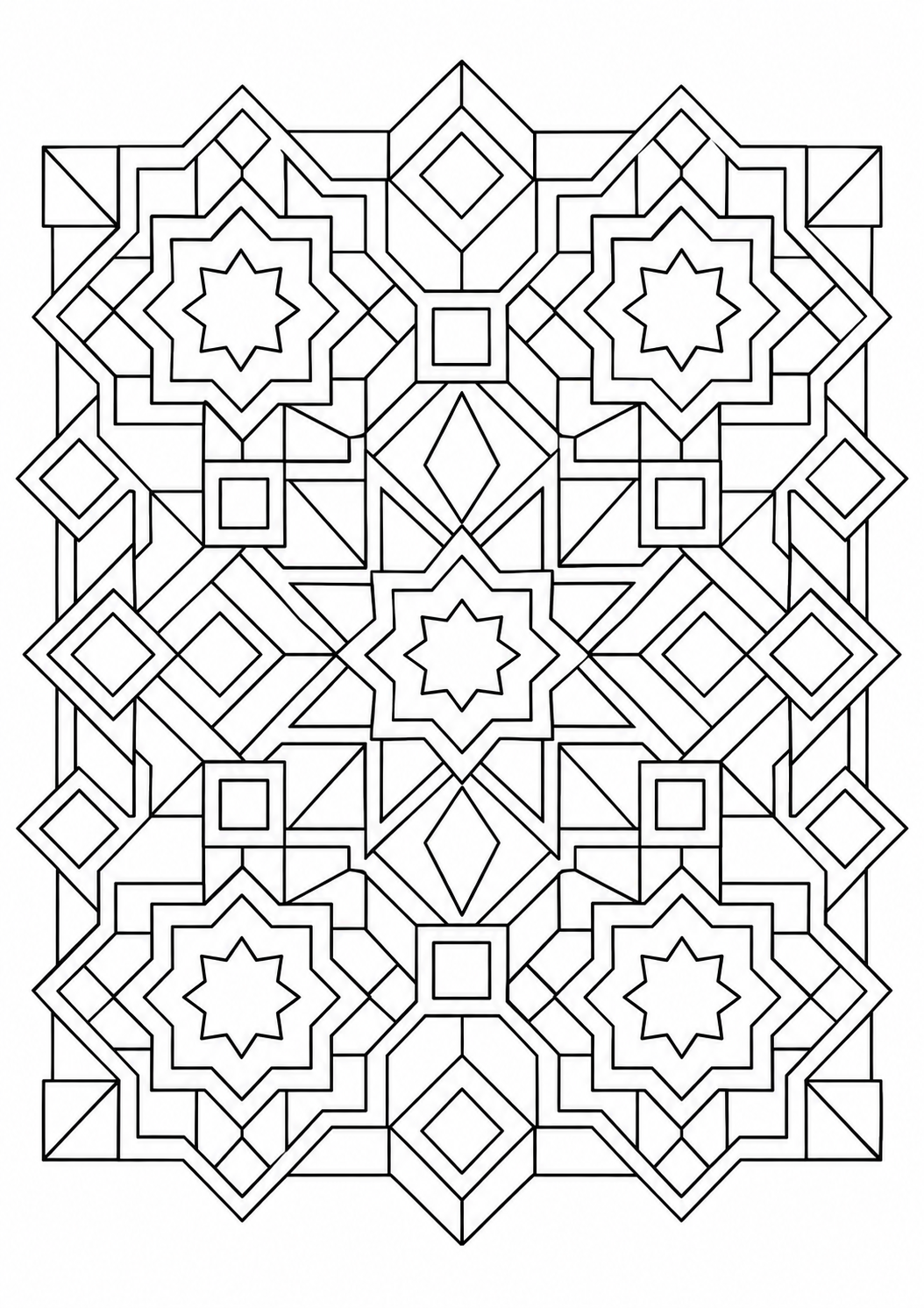 Sternenkacheln: Sterne, Quadrate und Rauten ergeben ein geometrisches Kachelmuster. Schwarze Konturen auf weißem Hintergrund zum Ausmalen.