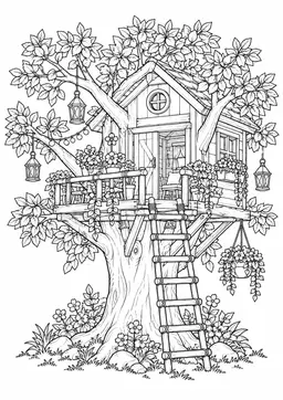 Gemütliches Baumhaus: Ein Baumhaus mit Balkon, Leiter und Blumenkästen. Schwarze Konturen auf weißem Hintergrund zum Ausmalen.