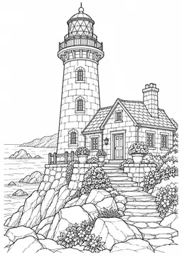 Leuchtturm an der Felsküste: Ein Leuchtturm mit Wärterhaus an einer felsigen Küste. Schwarze Konturen auf weißem Hintergrund zum Ausmalen.