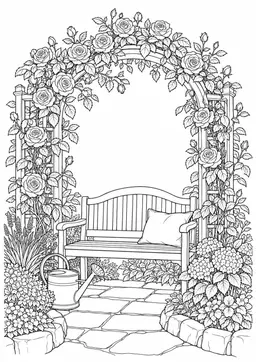 Rosenbogen im Garten: Ein Rosenbogen und eine Gartenbank zwischen vielen Blüten. Schwarze Konturen auf weißem Hintergrund zum Ausmalen.