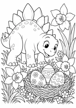 Dino am Frühlingsnest: Ein freundlicher Stegosaurus staunt über verzierte Eier im Frühlingsnest. Schwarze Konturen auf weißem Hintergrund zum Ausmalen.