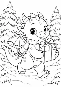 Drache mit Weihnachtsgeschenk: Ein kleiner Drache trägt ein Weihnachtsgeschenk durch den Winterwald. Schwarze Konturen auf weißem Hintergrund zum Ausmalen.