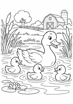 Enten am Bauernhofteich: Eine Ente mit ihren Küken am Bauernhofteich. Schwarze Konturen auf weißem Hintergrund zum Ausmalen.