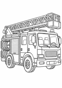 Großes Feuerwehrauto: Ein großes Feuerwehrauto mit Leiter und Schlauchrollen. Schwarze Konturen auf weißem Hintergrund zum Ausmalen.