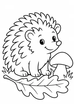 Igel mit Herbstblatt: Ein freundlicher Igel neben einem Herbstblatt und einem Pilz. Schwarze Konturen auf weißem Hintergrund zum Ausmalen.