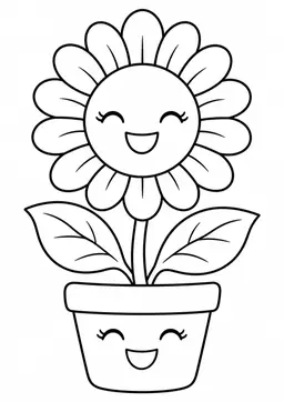 Kawaii-Blumentopf: Ein lächelnder Blumentopf mit einer großen Sonnenblume. Schwarze Konturen auf weißem Hintergrund zum Ausmalen.