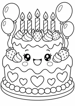 Kawaii-Geburtstagstorte: Eine lächelnde Geburtstagstorte mit Kerzen, Erdbeeren und Ballons. Schwarze Konturen auf weißem Hintergrund zum Ausmalen.
