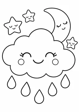 Kawaii-Wolke und Sterne: Eine freundliche Wolke mit Mond und kleinen Sternen. Schwarze Konturen auf weißem Hintergrund zum Ausmalen.