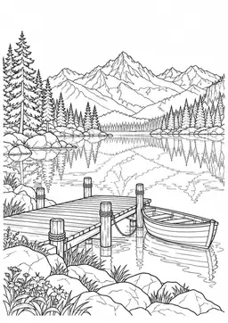 Bergsee mit Holzsteg: Ein ruhiger Bergsee mit Holzsteg, Ruderboot und Tannenwald. Schwarze Konturen auf weißem Hintergrund zum Ausmalen.
