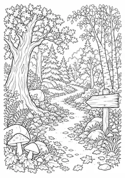 Weg durch den Herbstwald: Ein Waldweg zwischen Herbstbäumen, Pilzen und gefallenem Laub. Schwarze Konturen auf weißem Hintergrund zum Ausmalen.