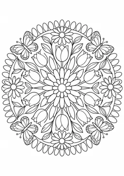 Frühlingsblüten-Mandala: Tulpen, Gänseblümchen und Schmetterlinge in einem Blütenmandala. Schwarze Konturen auf weißem Hintergrund zum Ausmalen.