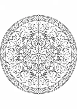 Herbstlaub-Mandala: Herbstblätter und Eicheln ordnen sich zu einem Mandala. Schwarze Konturen auf weißem Hintergrund zum Ausmalen.