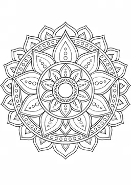 Lotus-Mandala: Lotusblüten und ovale Formen laden zu einer ruhigen Malpause ein. Schwarze Konturen auf weißem Hintergrund zum Ausmalen.
