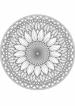 Sonnenblumen-Mandala: Sonnenblumen und Blätter in einem kreisförmigen Mandala. Schwarze Konturen auf weißem Hintergrund zum Ausmalen.