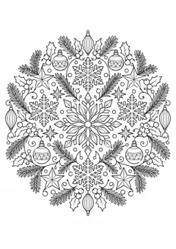 Winterstern-Mandala: Schneeflocken, Sterne und Tannenzweige für die Winterzeit. Schwarze Konturen auf weißem Hintergrund zum Ausmalen.