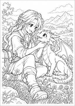 Manga-Drachenfreund: Eine Entdeckerin und ihr freundlicher Drache vor Bergen und einem See. Schwarze Konturen auf weißem Hintergrund zum Ausmalen.
