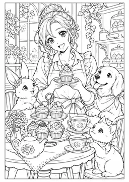 Manga-Kawaii-Café: Eine Cafébesitzerin mit niedlichen Tierbegleitern, Tee und kleinen Kuchen. Schwarze Konturen auf weißem Hintergrund zum Ausmalen.