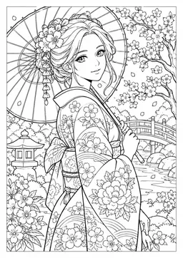 Kimono im Blumengarten: Ein gemusterter Kimono im Garten mit Blüten, Brücke und Sonnenschirm. Schwarze Konturen auf weißem Hintergrund zum Ausmalen.