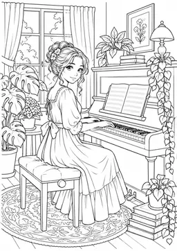 Manga-Klaviermusik: Eine eigene Manga-Figur am Klavier in einem gemütlichen Musikzimmer. Schwarze Konturen auf weißem Hintergrund zum Ausmalen.