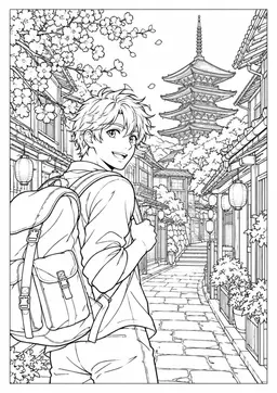 Manga-Stadtentdecker: Ein Stadtentdecker zwischen traditionellen Häusern und blühenden Bäumen. Schwarze Konturen auf weißem Hintergrund zum Ausmalen.