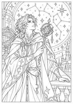 Manga-Sternenmagierin: Eine Sternenmagierin mit kunstvollem Stab unter einem funkelnden Himmel. Schwarze Konturen auf weißem Hintergrund zum Ausmalen.