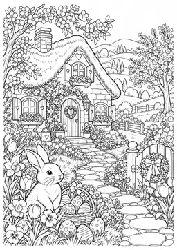Frühlingshaus mit Ostergarten: Ein kleines Haus mit blühendem Garten, Hase und versteckten Ostereiern. Schwarze Konturen auf weißem Hintergrund zum Ausmalen.