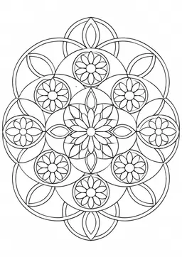 Kreisblüten-Muster: Wiederkehrende Kreise und kleine Rosetten bilden ein abstraktes Blütenmuster. Schwarze Konturen auf weißem Hintergrund zum Ausmalen.