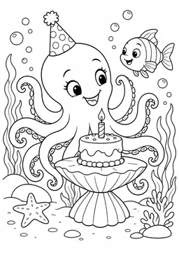 Unterwasser-Geburtstag: Ein Oktopus feiert einen Unterwasser-Geburtstag mit Torte und Fischen. Schwarze Konturen auf weißem Hintergrund zum Ausmalen.