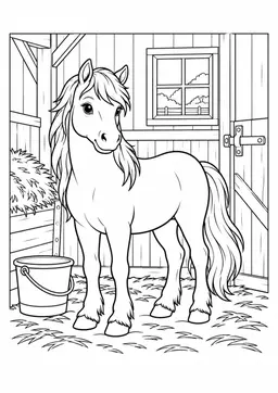 Pferd im Stall: Ein freundliches Pony im Stall mit Heu und Wassereimer. Schwarze Konturen auf weißem Hintergrund zum Ausmalen.